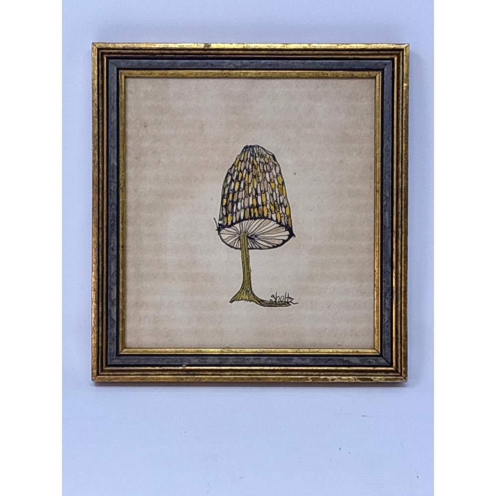 Vntg Tom Sholtz Mushroom Ink Drawing Art Gold Framed Botanical Illustration